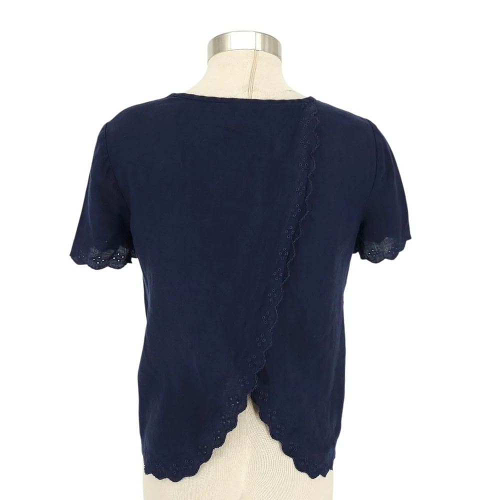 J.CREW Shirt Linen Navy Blue Scalloped Eyelet Tulip Back Short Sleeve Top 0